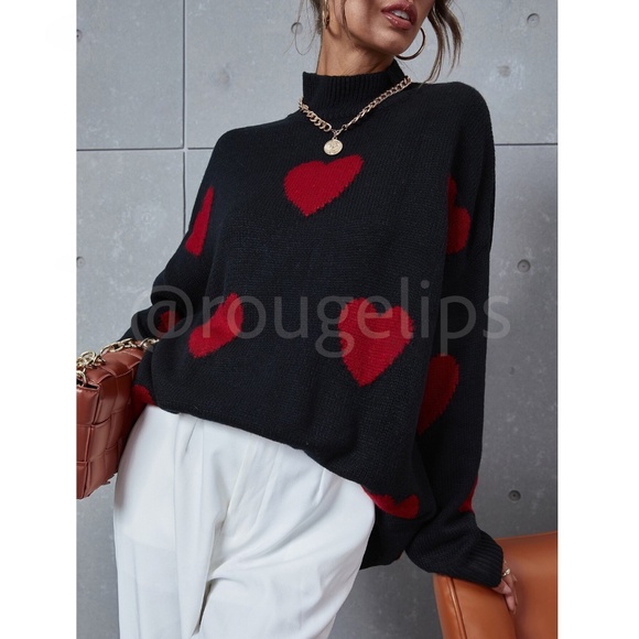 Red Hearts on Black Knit Pullover Sweater Stretchy Long Sleeve High Neck - Picture 3 of 7